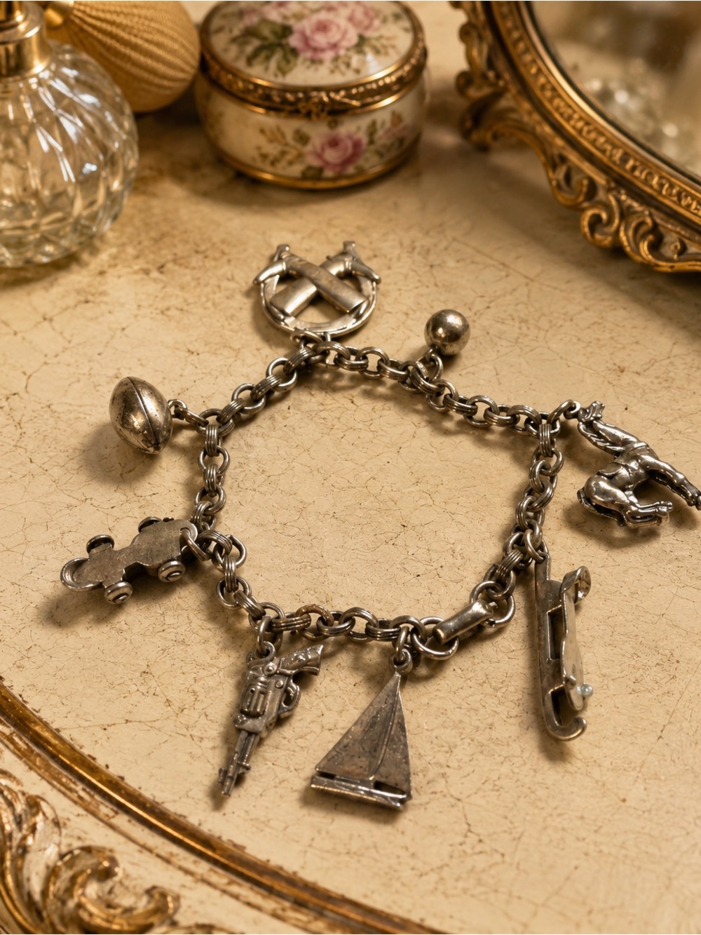 Vintage Coro Charm Bracelet Silver Tone Sports Western Themed